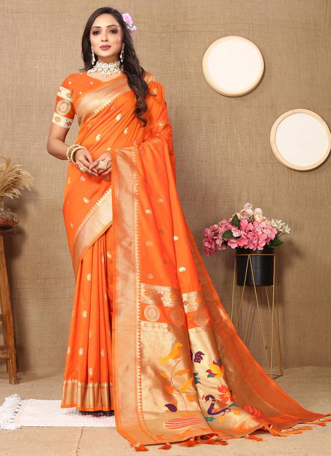 Soft Silk Orange Traditional Wear Weaving Saree